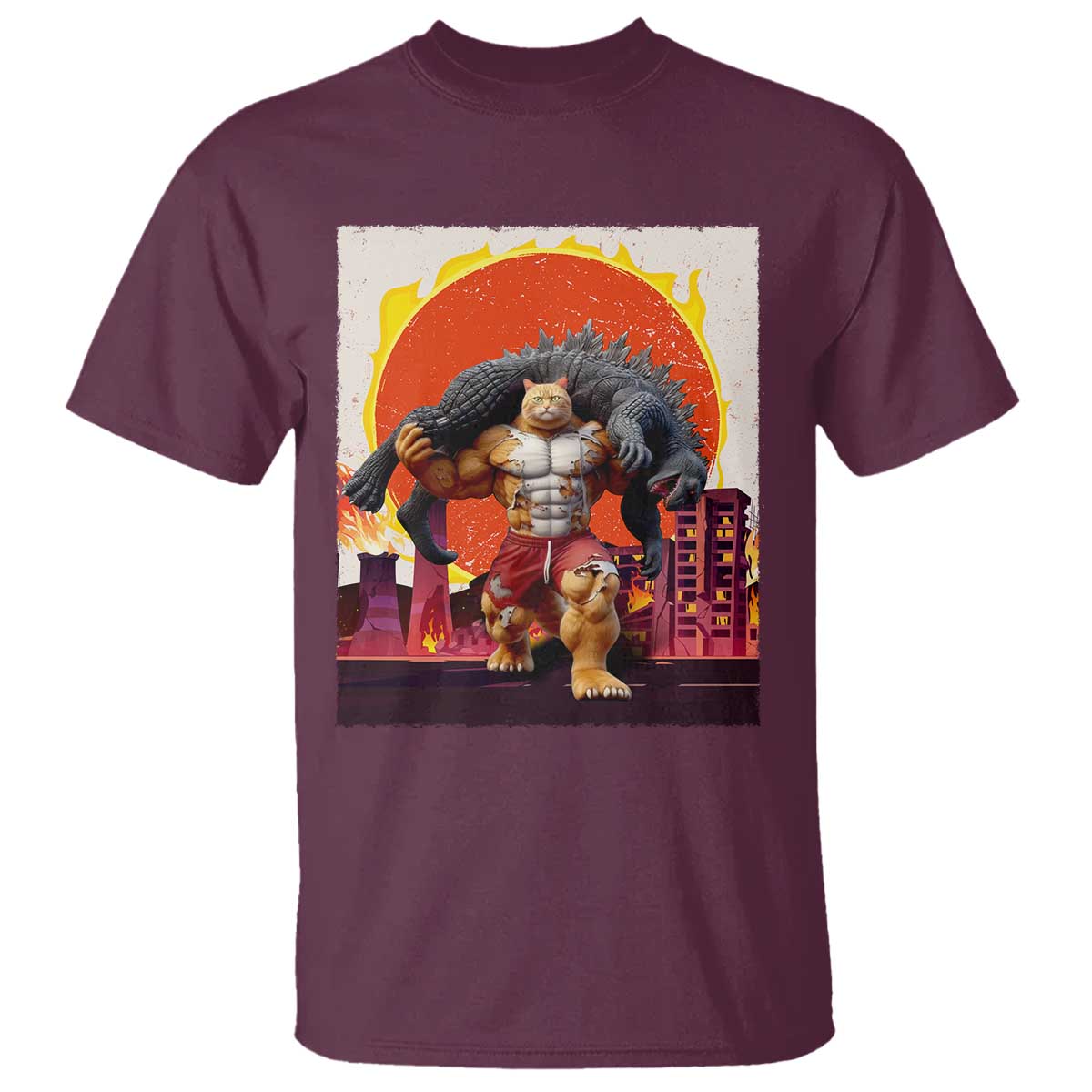 Japanese Kaiju Cat Cityscape Meme T Shirt TS14 Maroon Print Your Wear