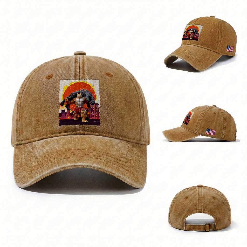 Japanese Kaiju Cat Cityscape Meme Washed Cotton Baseball Cap TS14 Washed Cap Universal Fit Yellow Ochre Print Your Wear
