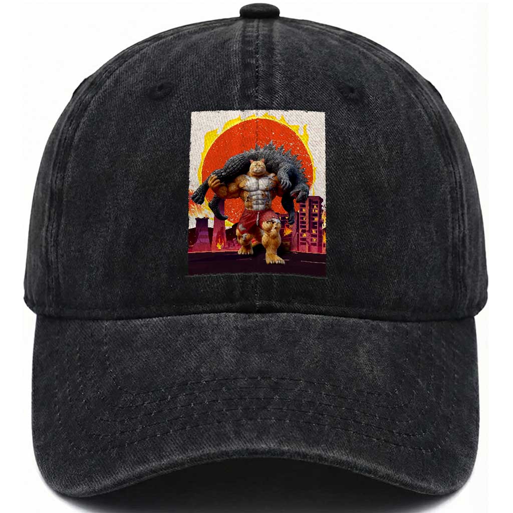 Japanese Kaiju Cat Cityscape Meme Washed Cotton Baseball Cap TS14 Washed Cap Universal Fit Black Print Your Wear