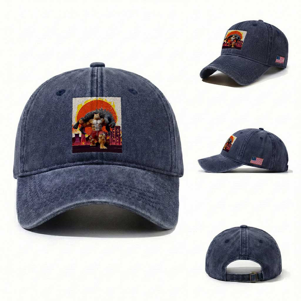 Japanese Kaiju Cat Cityscape Meme Washed Cotton Baseball Cap TS14 Washed Cap Universal Fit Navy Print Your Wear