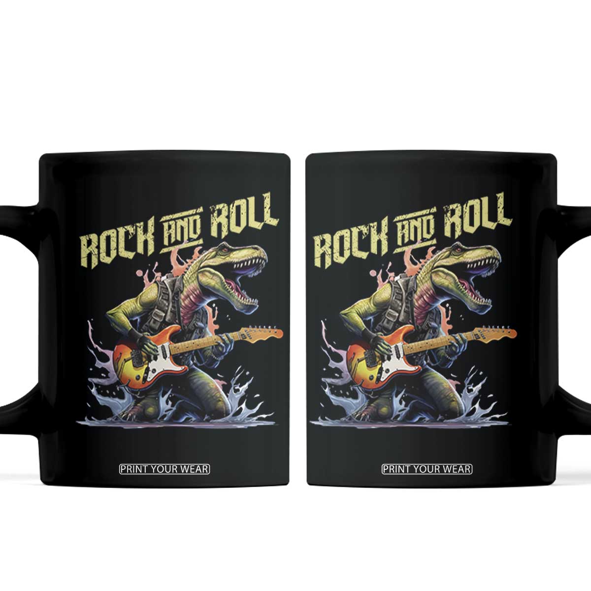 Rock And Roll Coffee Mug Funny Dionasaur Playing Guitar TS14 Black Print Your Wear