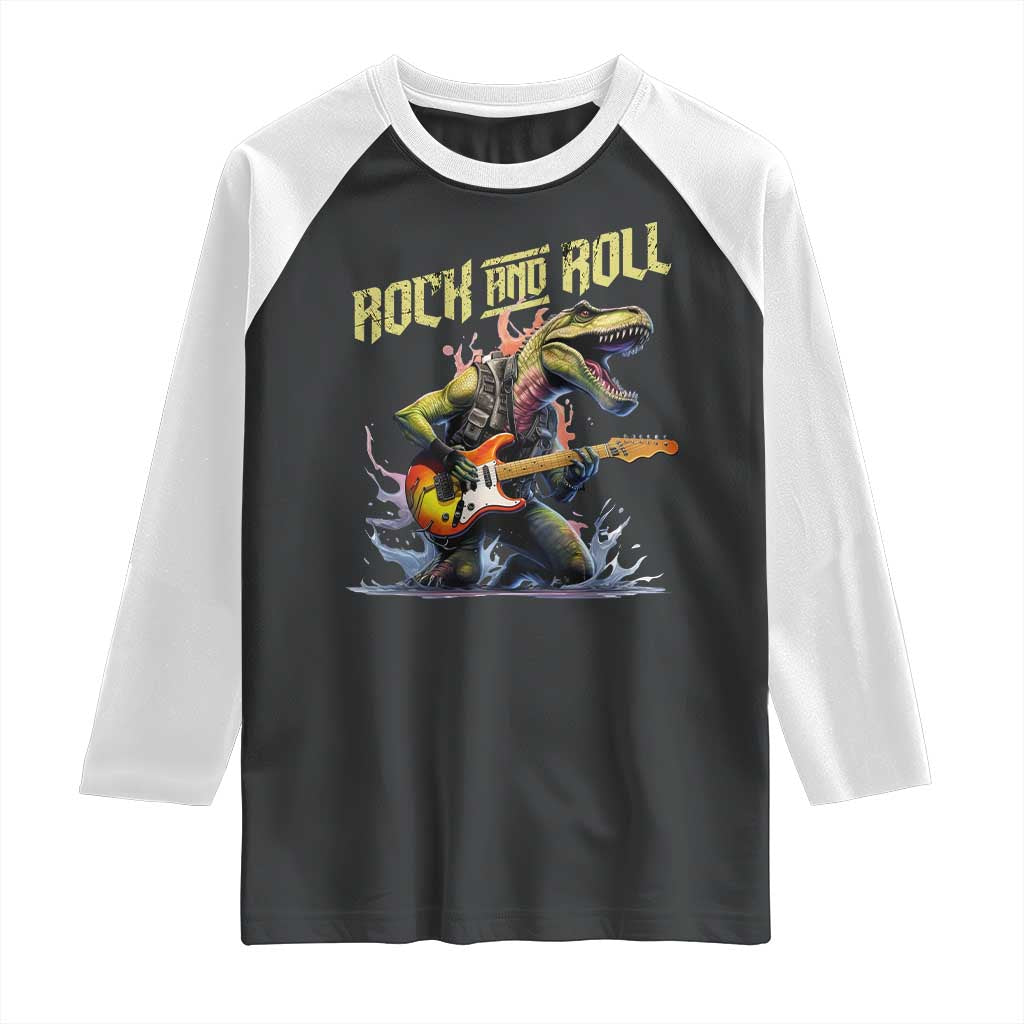 Rock And Roll Raglan Shirt Funny Dionasaur Playing Guitar TS14 Black White Print Your Wear