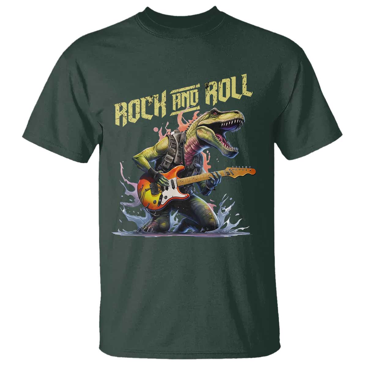 Rock And Roll T Shirt Funny Dionasaur Playing Guitar TS14 Dark Forest Green Print Your Wear