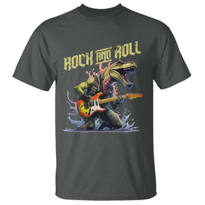 Rock And Roll T Shirt Funny Dionasaur Playing Guitar TS14 Dark Heather Print Your Wear