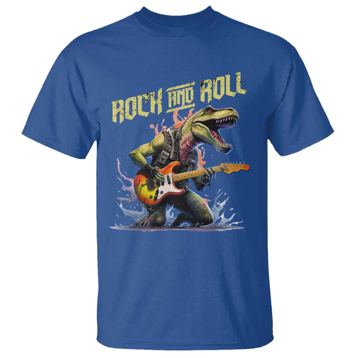 Rock And Roll T Shirt Funny Dionasaur Playing Guitar TS14 Royal Blue Print Your Wear