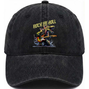 Rock And Roll Washed Cotton Baseball Cap Funny Dionasaur Playing Guitar TS14 Washed Cap Universal Fit Black Print Your Wear