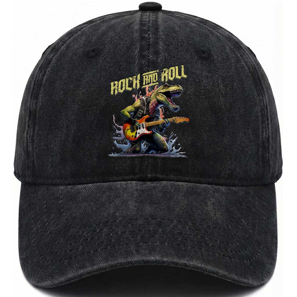 Rock And Roll Washed Cotton Baseball Cap Funny Dionasaur Playing Guitar TS14 Washed Cap Universal Fit Black Print Your Wear