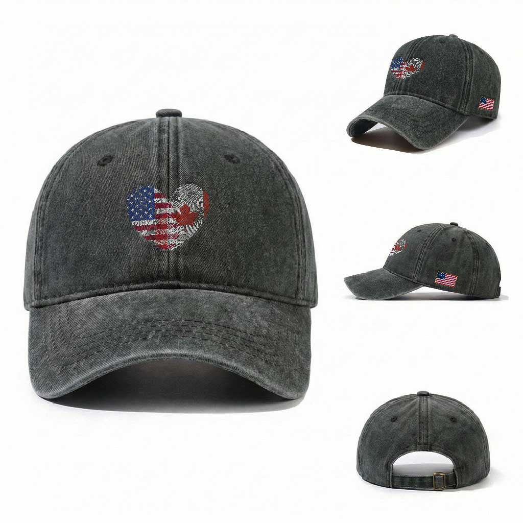 Half Canadian Half American USA Flag Canada America Washed Cotton Baseball Cap TS14 Washed Cap Universal Fit Dark Green Print Your Wear
