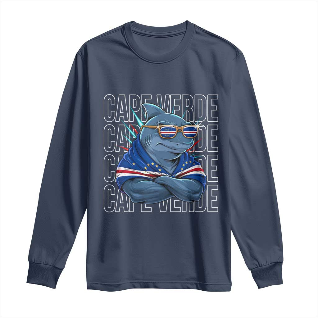 Cape Verde Flag Shark Cape Verdean Roots Cabo Verde Long Sleeve Shirt TS14 Navy Print Your Wear