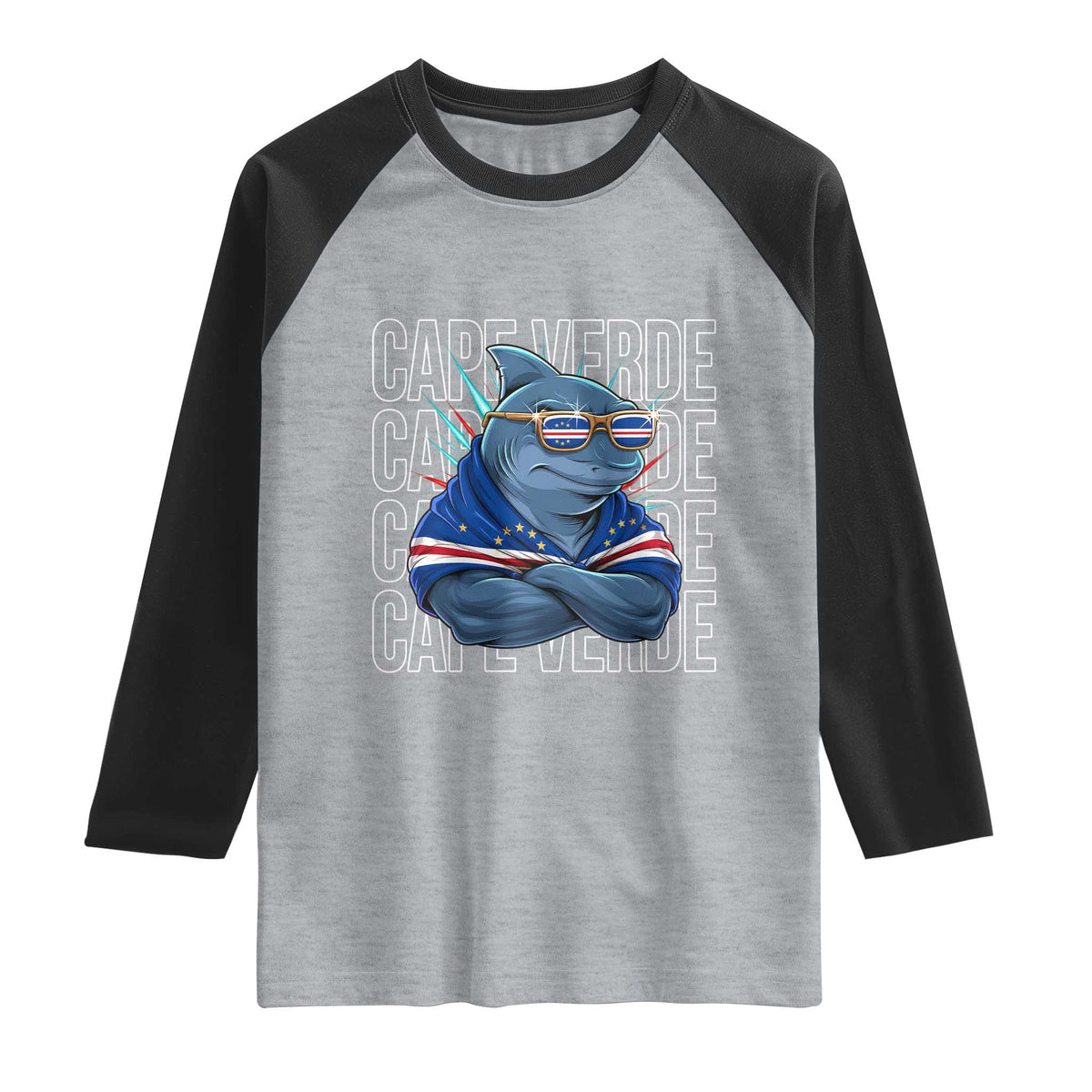 Cape Verde Flag Shark Cape Verdean Roots Cabo Verde Raglan Shirt TS14 Heather Gray Black Print Your Wear