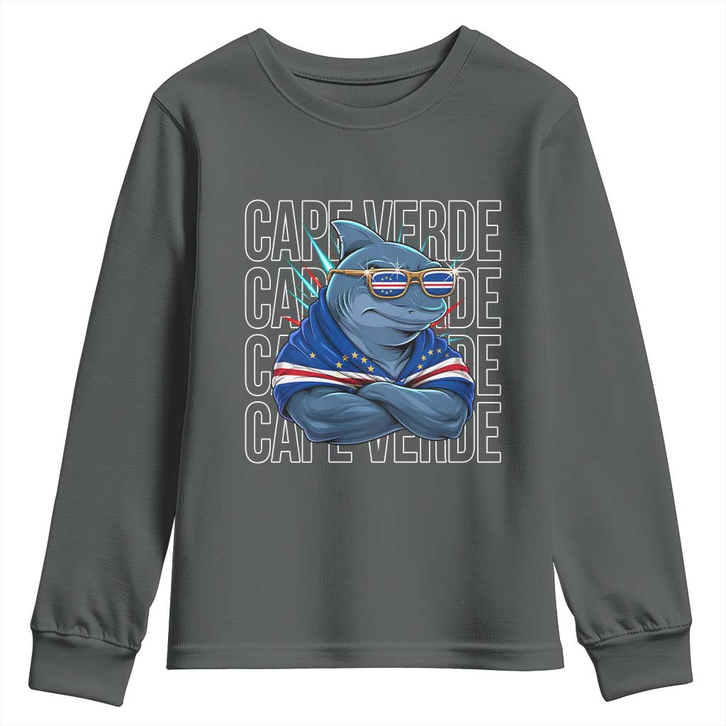 Cape Verde Flag Shark Cape Verdean Roots Cabo Verde Youth Sweatshirt TS14 Dark Heather Print Your Wear