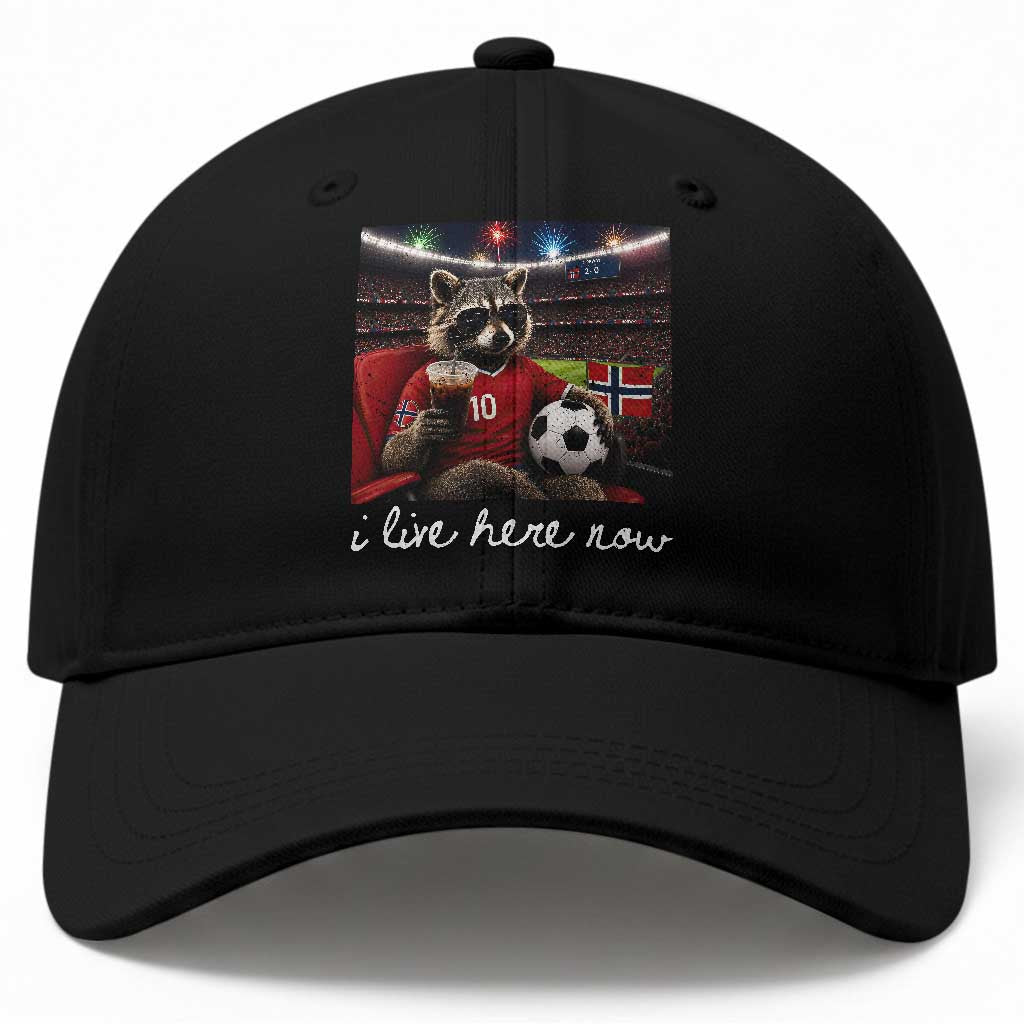 Norway Soccer Football Fan Norge Norwegian Flag Baseball Cap Funny Raccoon Drinking Iced Coffee TS14 Print Your Wear