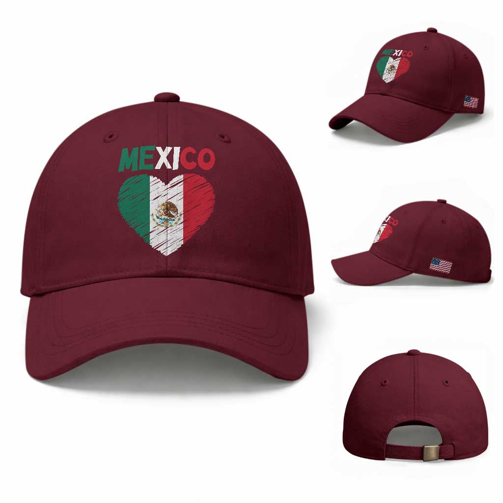 Mexican Flag Heart Mexico City Independence Day Gift Baseball Cap TS14 Baseball Cap Universal Fit Maroon Print Your Wear