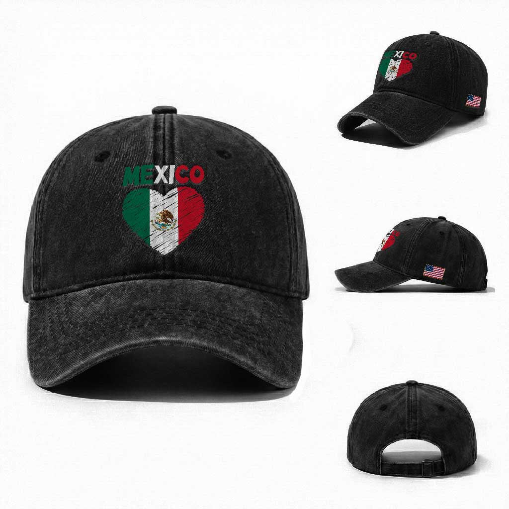 Mexican Flag Heart Mexico City Independence Day Gift Washed Cotton Baseball Cap TS14 Washed Cap Universal Fit Black Print Your Wear