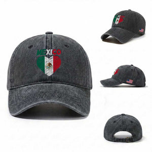 Mexican Flag Heart Mexico City Independence Day Gift Washed Cotton Baseball Cap TS14 Washed Cap Universal Fit Dark Gray Print Your Wear