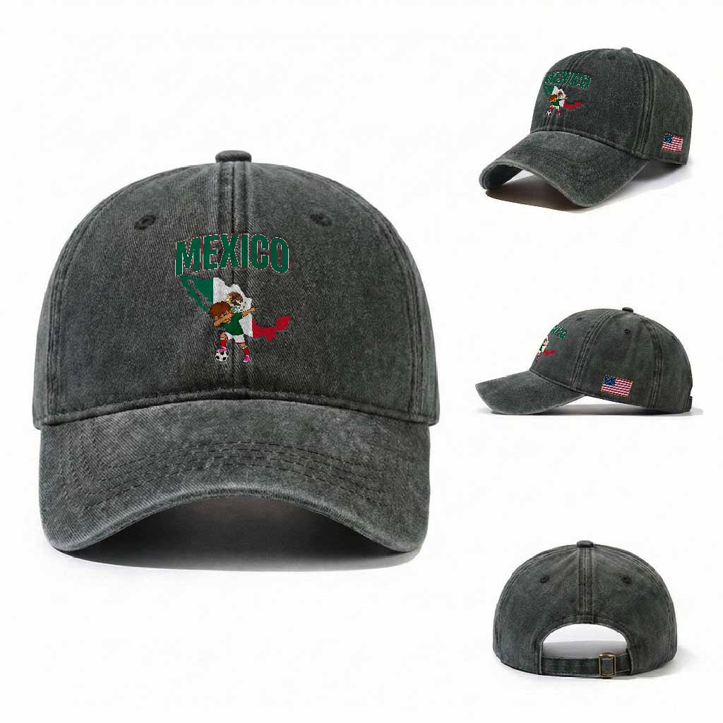 Mexico Soccer Boy Dabbing Boy Mexican Flag Map Washed Cotton Baseball Cap TS14 Washed Cap Universal Fit Dark Green Print Your Wear