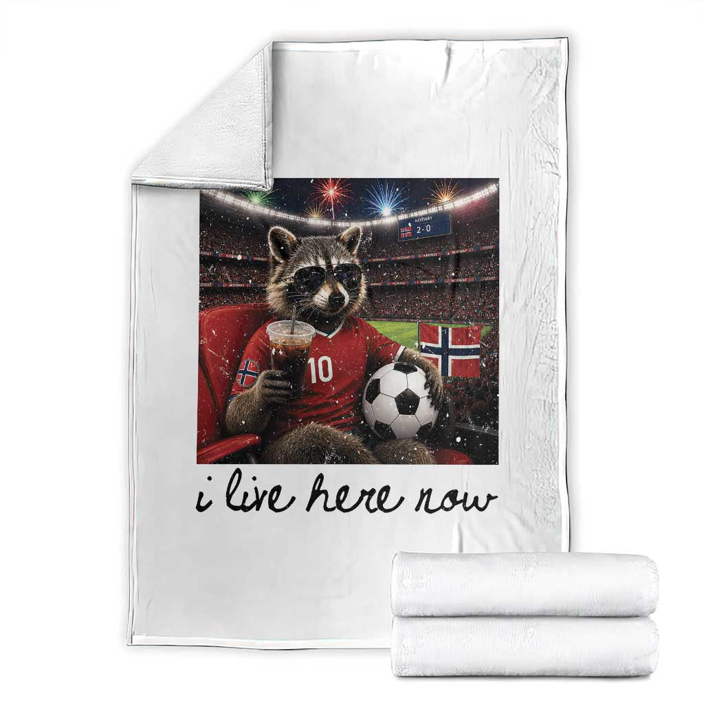 Norway Soccer Football Fan Norge Norwegian Flag Throw Blanket Funny Raccoon I Live Here Now TS14 White Print Your Wear