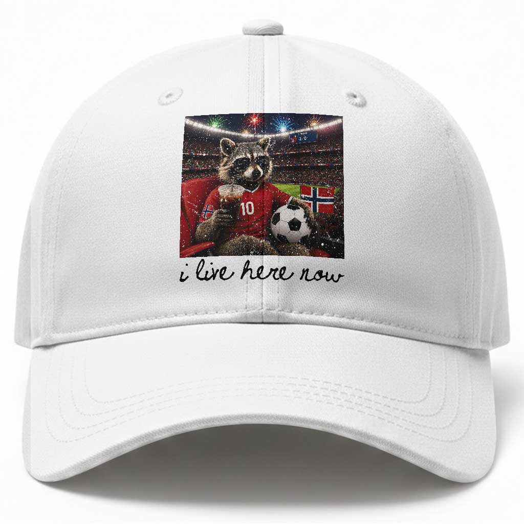 Norway Soccer Football Fan Norge Norwegian Flag Baseball Cap Funny Raccoon I Live Here Now TS14 Print Your Wear
