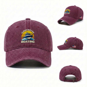 Funny Boater Washed Cotton Baseball Cap I Love Motorboating TS14 Washed Cap Universal Fit Burgundy Print Your Wear