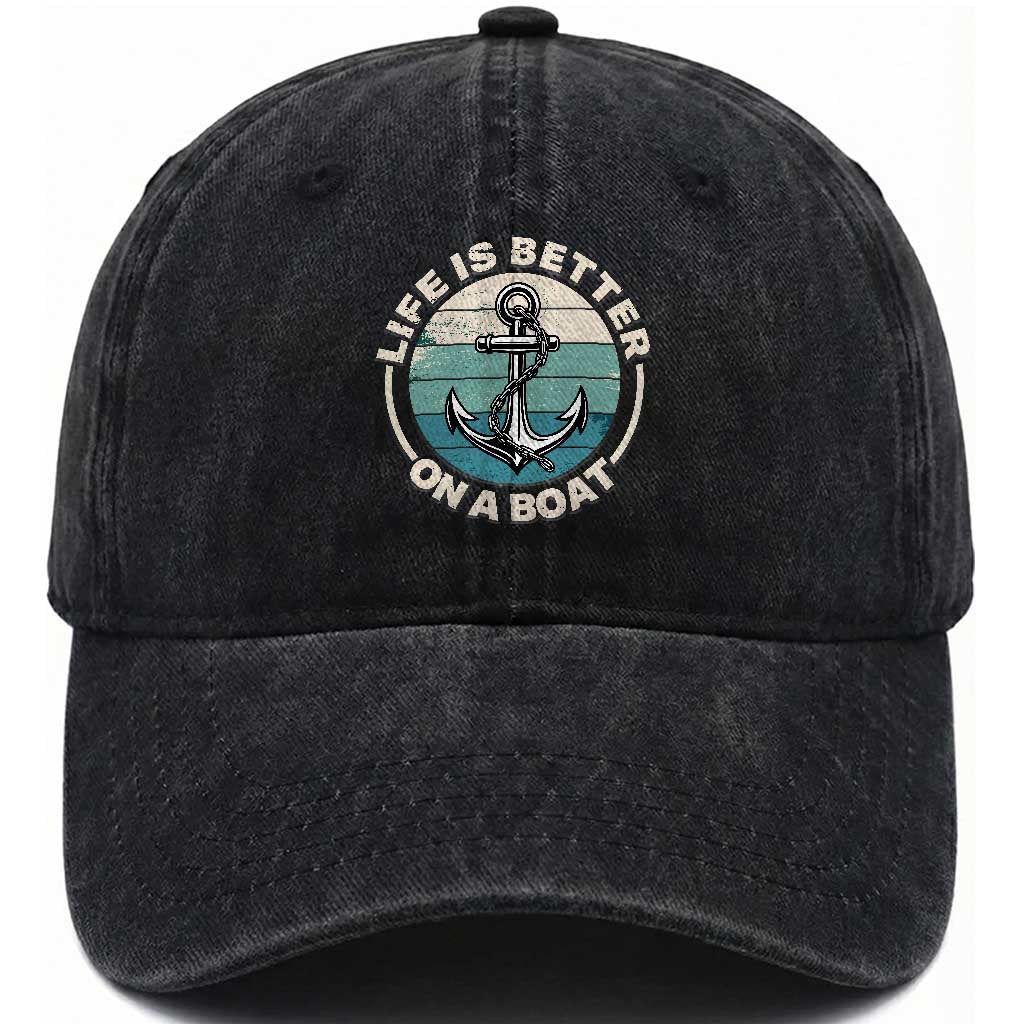 Funny Boating Washed Cotton Baseball Cap Life Is Better On A Boat TS14 Washed Cap Universal Fit Black Print Your Wear