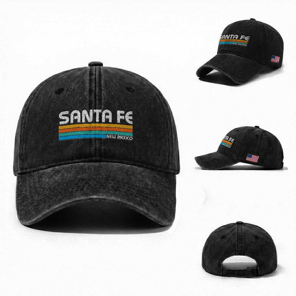 Retro Santa Fe New Mexico Distressed Souvenir Washed Cotton Baseball Cap TS14 Washed Cap Universal Fit Black Print Your Wear