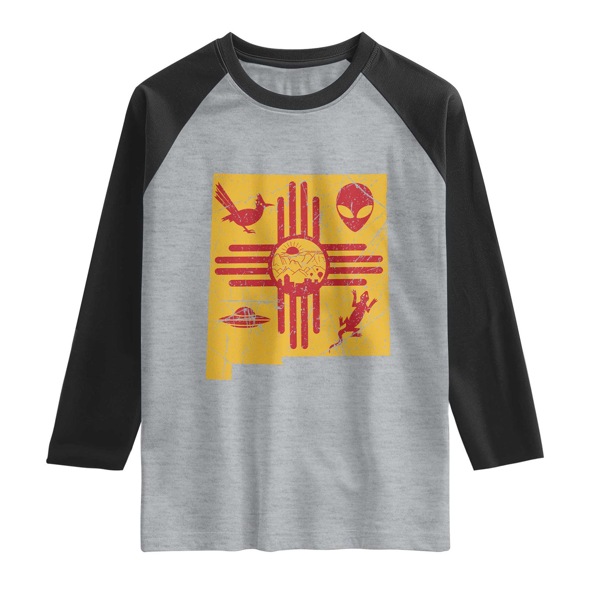 New Mexico State Map Zia Symbol Famous Icons Raglan Shirt TS14 Heather Gray Black Print Your Wear