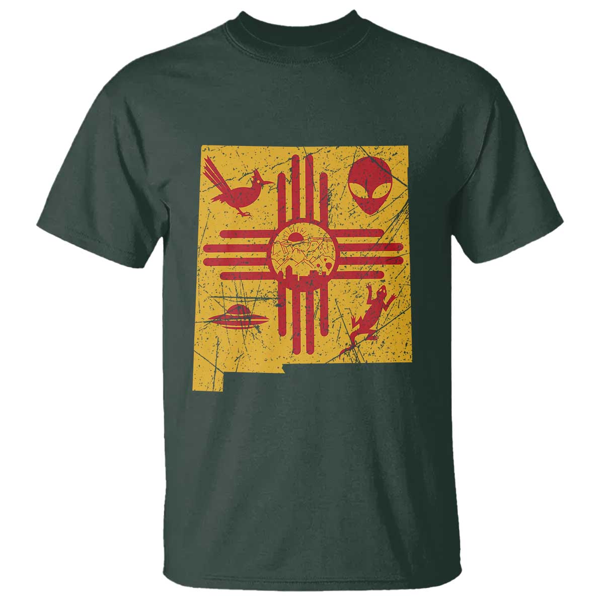 New Mexico State Map Zia Symbol Famous Icons T Shirt TS14 Dark Forest Green Print Your Wear