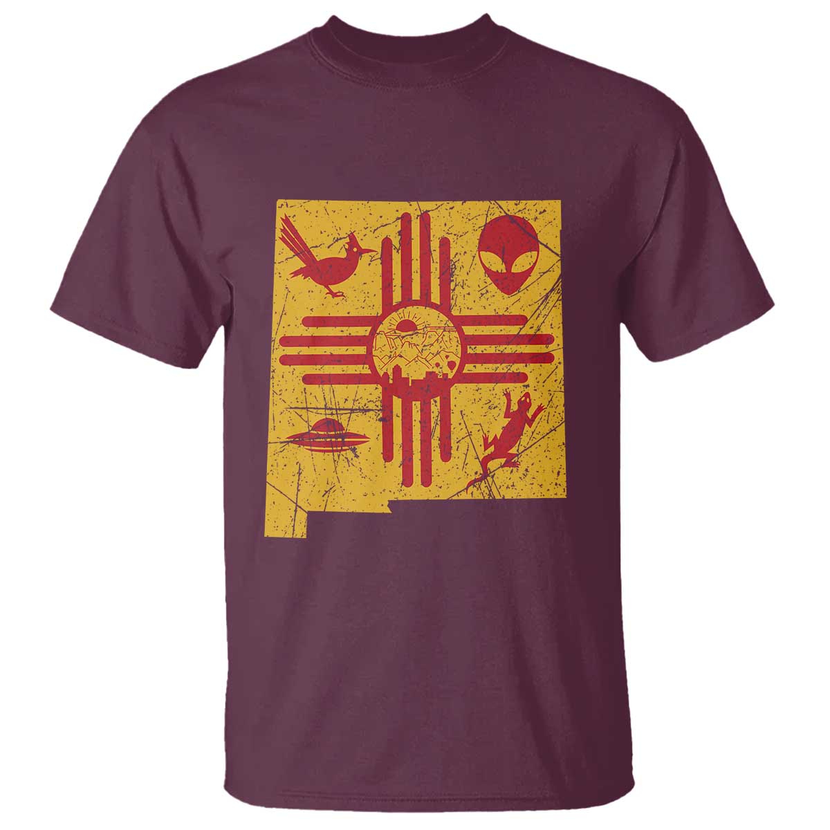 New Mexico State Map Zia Symbol Famous Icons T Shirt TS14 Maroon Print Your Wear