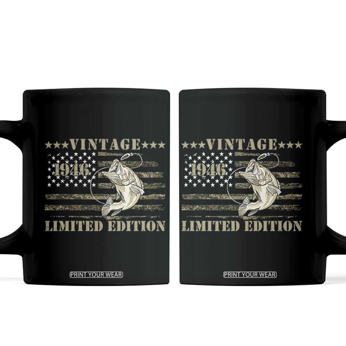 80th Birthday Fishing Vintage 1946 Limited Edition Coffee Mug Bass Fishing Camouflage American Flag Fisherman Gift TS14 Black Print Your Wear