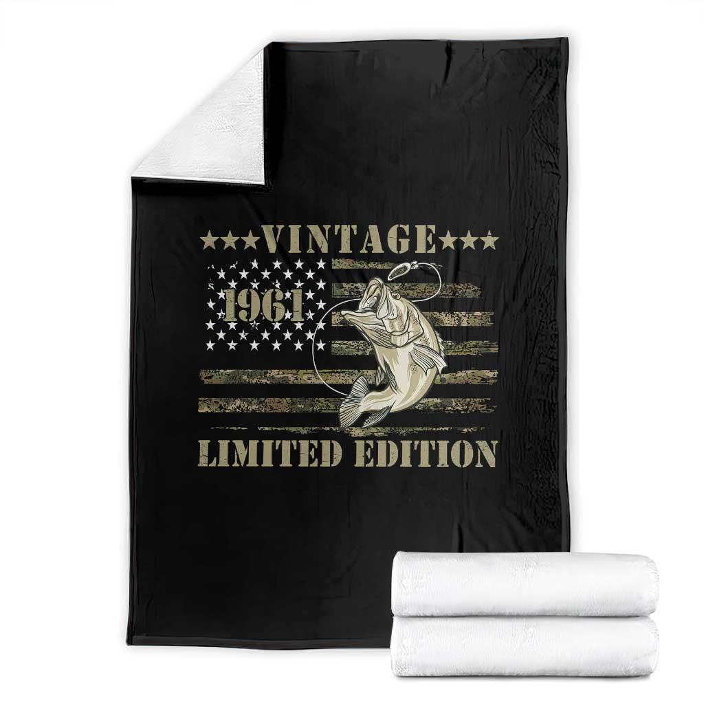 65th Birthday Fishing Vintage 1961 Limited Edition Throw Blanket Bass Fishing Camouflage American Flag Fisherman Gift TS14 Black Print Your Wear