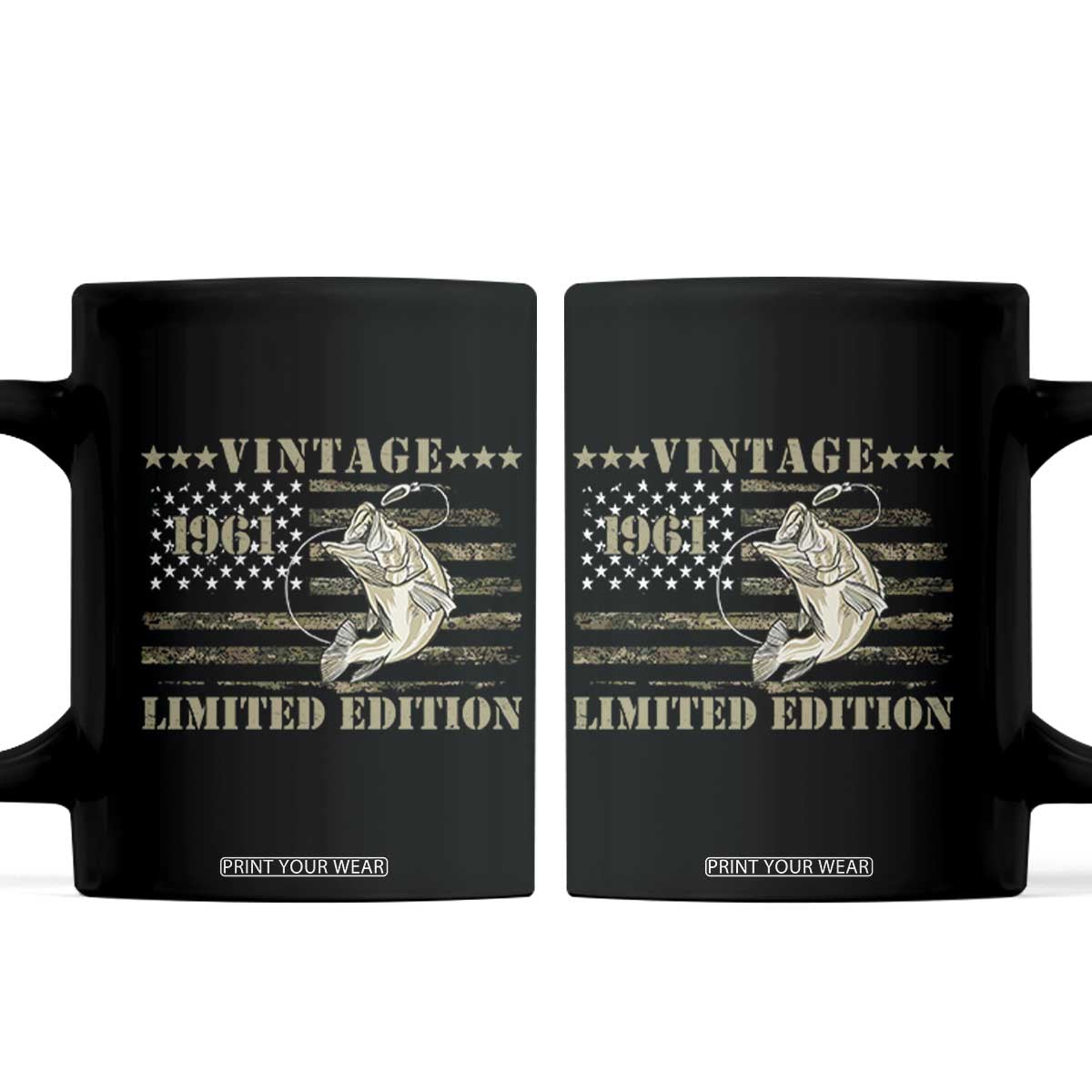 65th Birthday Fishing Vintage 1961 Limited Edition Coffee Mug Bass Fishing Camouflage American Flag Fisherman Gift TS14 Black Print Your Wear