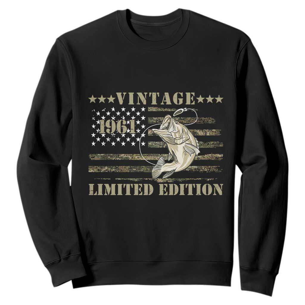 65th Birthday Fishing Vintage 1961 Limited Edition Sweatshirt Bass Fishing Camouflage American Flag Fisherman Gift TS14 Black Print Your Wear