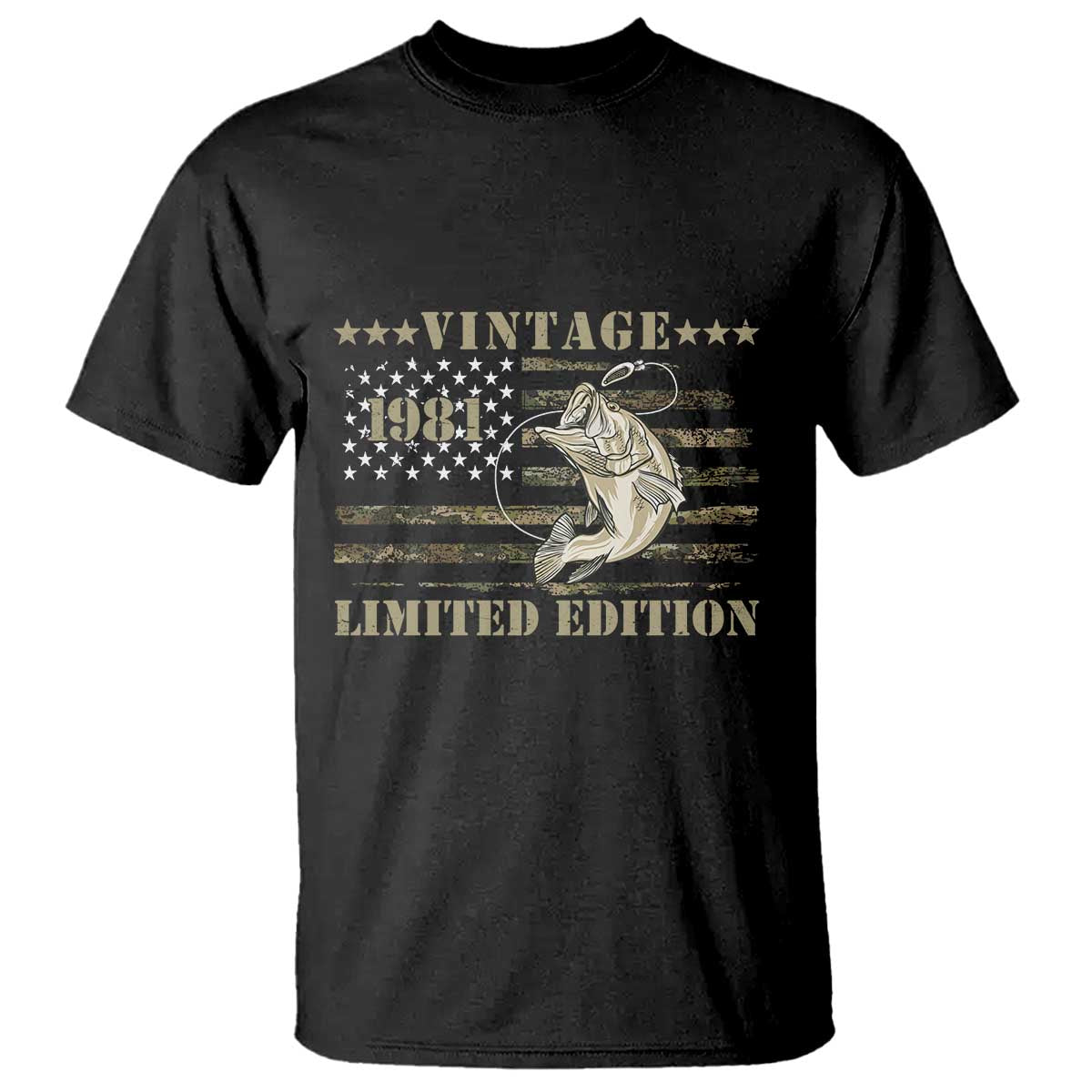 45th Birthday Fishing Vintage 1981 Limited Edition T Shirt Bass Fishing Camouflage American Flag Fisherman Gift TS14 Black Print Your Wear