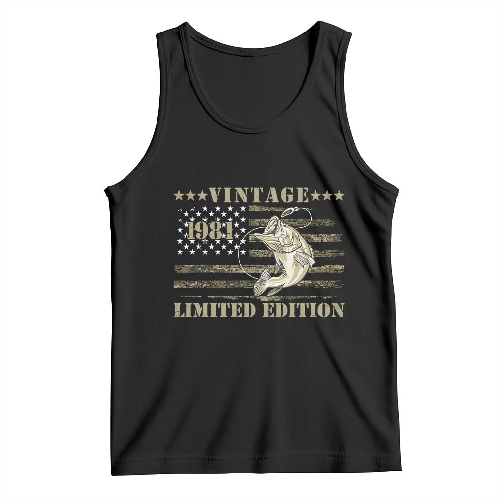 45th Birthday Fishing Vintage 1981 Limited Edition Tank Top Bass Fishing Camouflage American Flag Fisherman Gift TS14 Black Print Your Wear