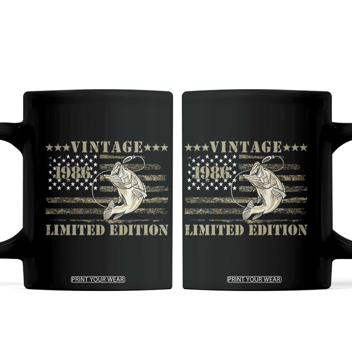 40th Birthday Fishing Vintage 1986 Limited Edition Coffee Mug Bass Fishing Camouflage American Flag Fisherman Gift TS14 Black Print Your Wear