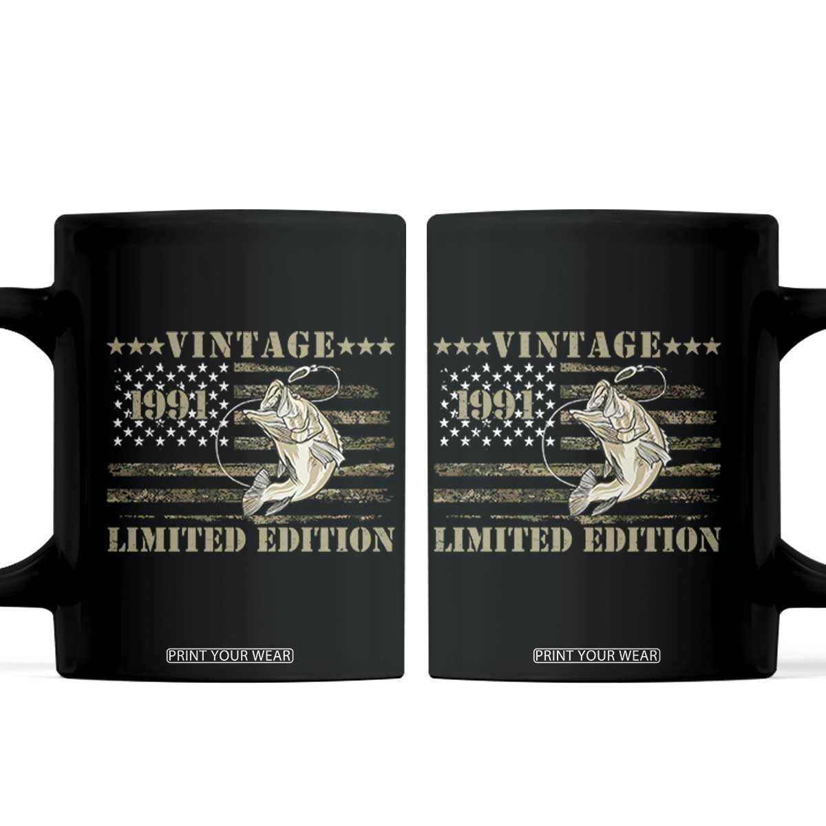 35th Birthday Fishing Vintage 1991 Limited Edition Coffee Mug Bass Fishing Camouflage American Flag Fisherman Gift TS14 Black Print Your Wear