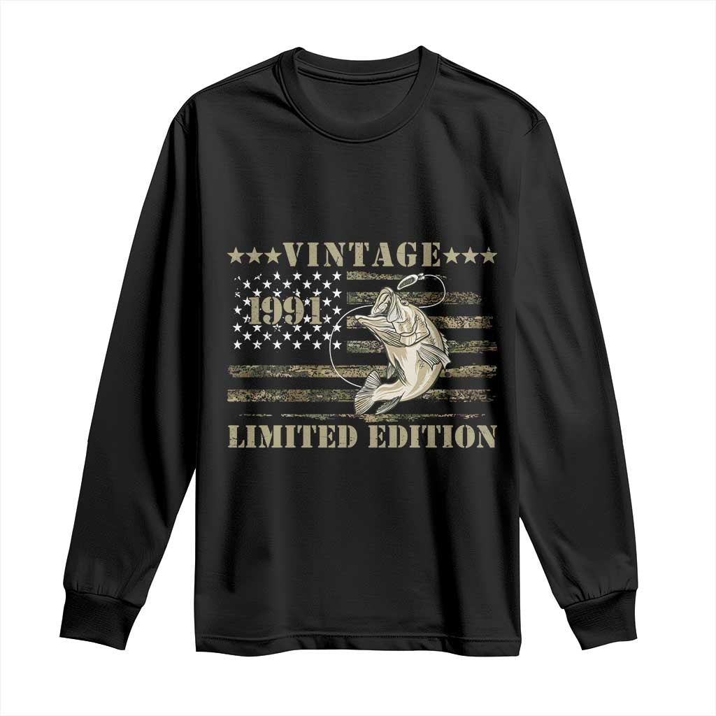 35th Birthday Fishing Vintage 1991 Limited Edition Long Sleeve Shirt Bass Fishing Camouflage American Flag Fisherman Gift TS14 Black Print Your Wear