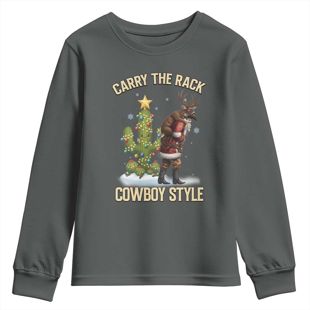 Funny Santa Hunting Youth Sweatshirt Carry The Rack Cowboy Style TS14 Dark Heather Print Your Wear