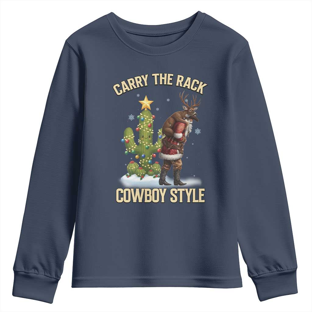 Funny Santa Hunting Youth Sweatshirt Carry The Rack Cowboy Style TS14 Navy Print Your Wear