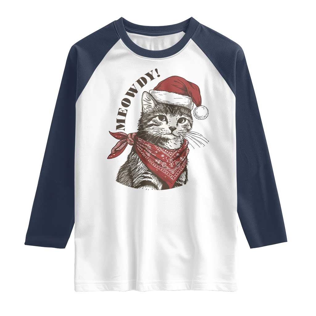 Cowboy Cat Christmas Raglan Shirt Meowdy Western Rodeo TS14 White Navy Print Your Wear