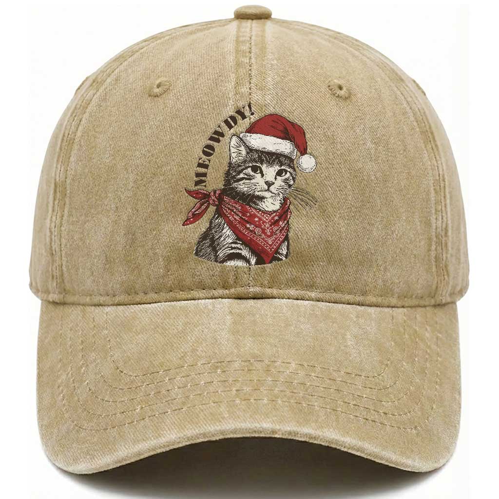 Cowboy Cat Christmas Washed Cotton Baseball Cap Meowdy Western Rodeo TS14 Washed Cap Universal Fit Khaki Print Your Wear