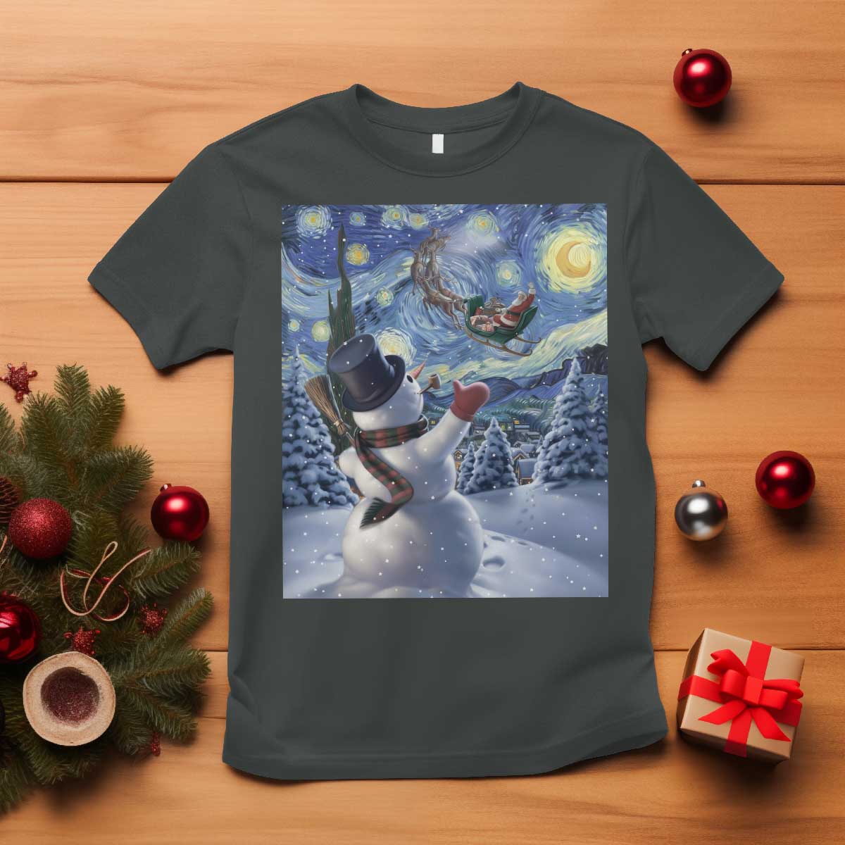 Christmas Snowman Starry Night T Shirt TS14 Dark Heather Print Your Wear