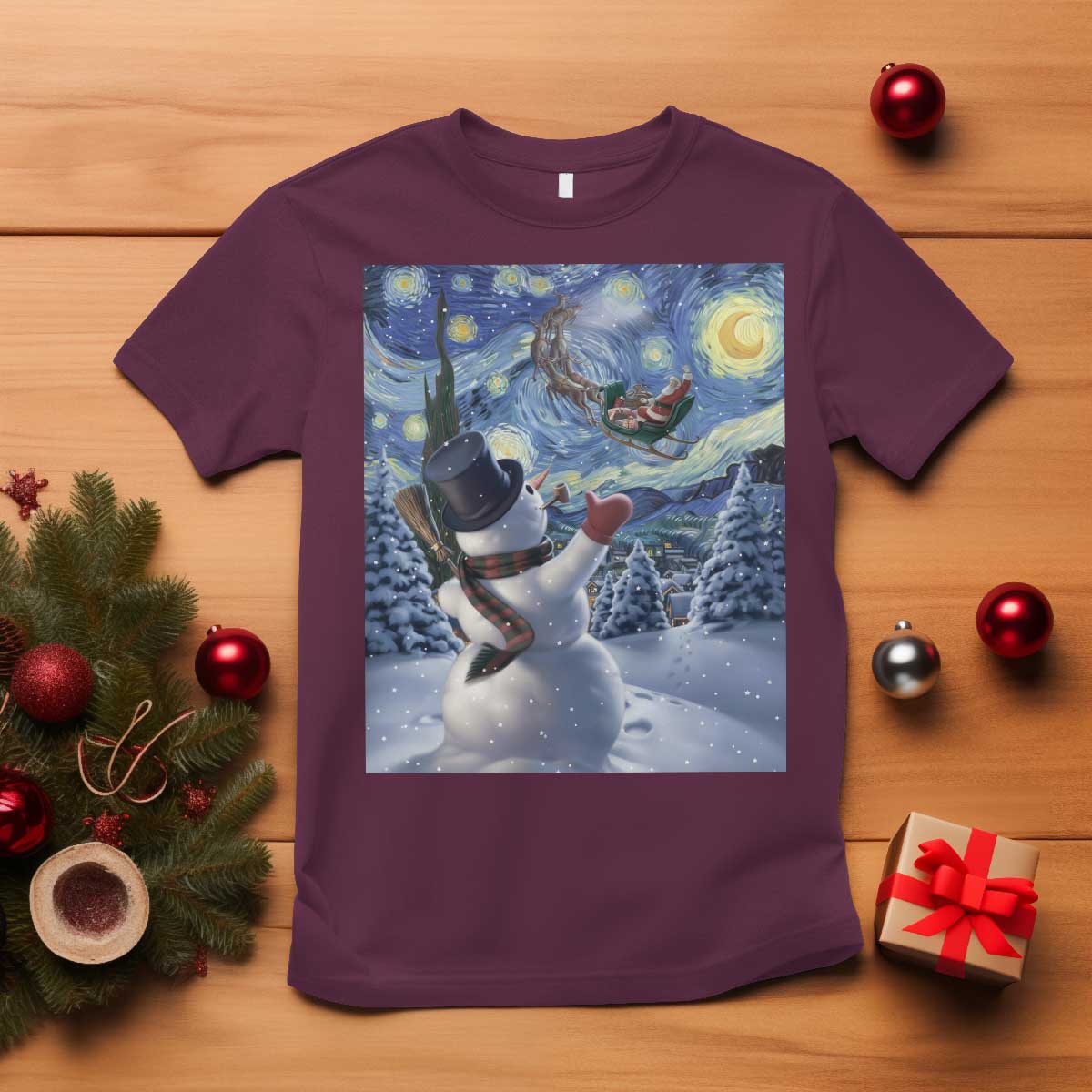 Christmas Snowman Starry Night T Shirt TS14 Maroon Print Your Wear