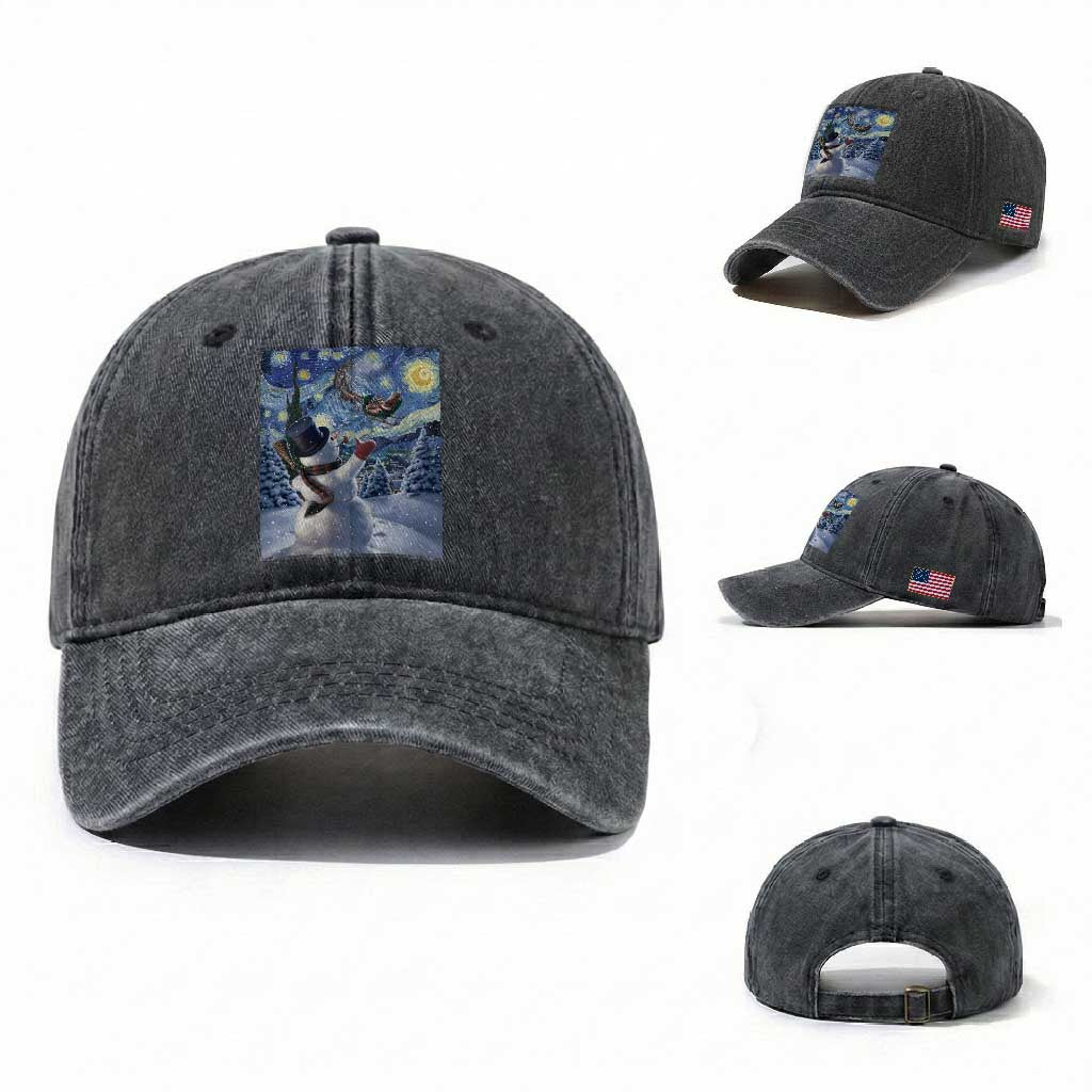 Christmas Snowman Starry Night Washed Cotton Baseball Cap TS14 Washed Cap Universal Fit Dark Gray Print Your Wear