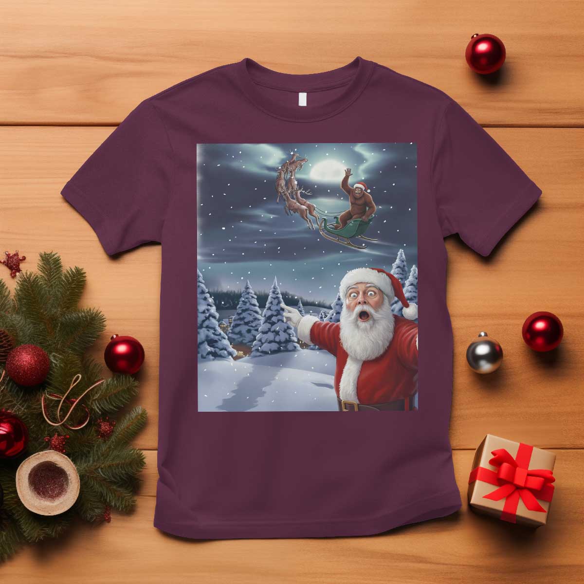 Funny Santa With Bigfoot Selfie Christmas T Shirt TS14 Maroon Print Your Wear