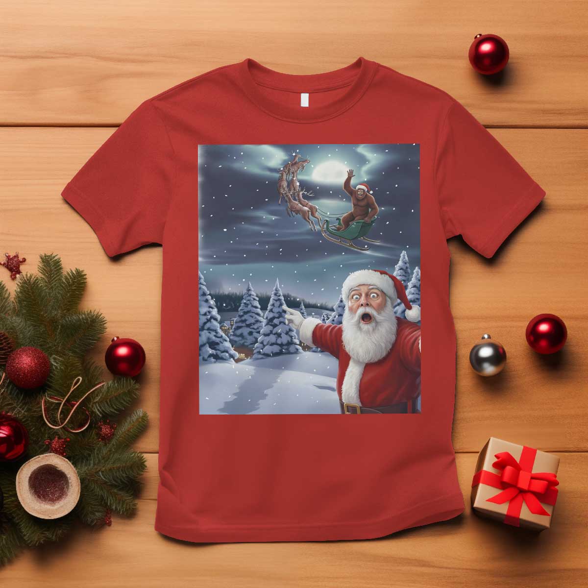 Funny Santa With Bigfoot Selfie Christmas T Shirt TS14 Red Print Your Wear