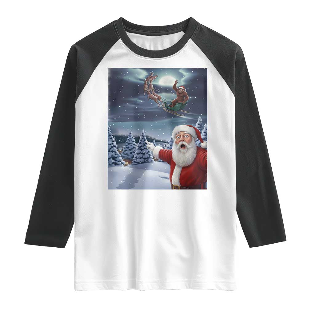Funny Santa With Bigfoot Selfie Christmas Raglan Shirt TS14 White Black Print Your Wear