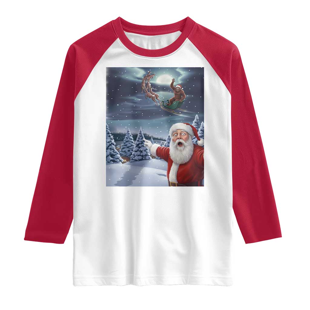 Funny Santa With Bigfoot Selfie Christmas Raglan Shirt TS14 White Red Print Your Wear