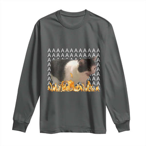 Screaming Cat Meme Long Sleeve Shirt Funny Internet Gen Z Cat Lover TS14 Dark Heather Print Your Wear