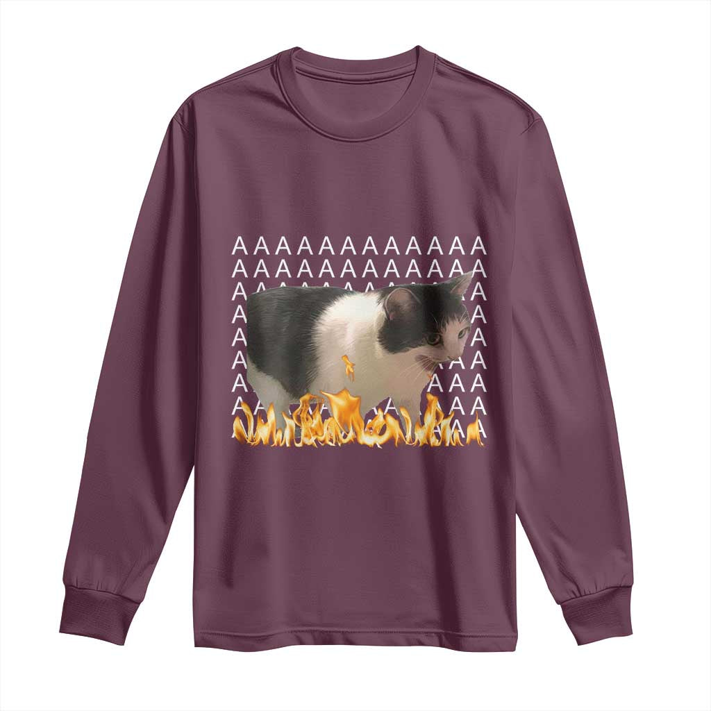Screaming Cat Meme Long Sleeve Shirt Funny Internet Gen Z Cat Lover TS14 Maroon Print Your Wear